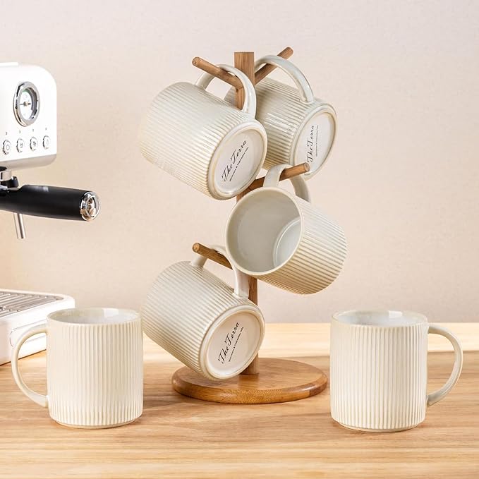 theterra Ceramic Coffee Mugs Set of 6, 14.2 oz Coffee Cups with Handle | Handmade, Suitable for Latte, Tea, Milk, Beer & Hot Cocoa, Reactive White - Image 7