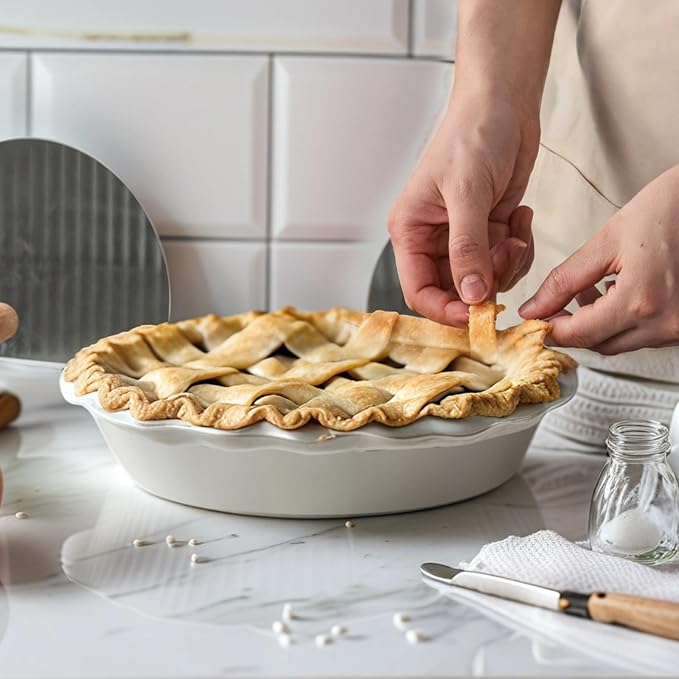 2 PCS Ceramic Pie Pans, 9.8 in Large Tart Pan, Quiche Pan, Deep Dish Pie Plate for Baking, White, Wavy Design - Image 5