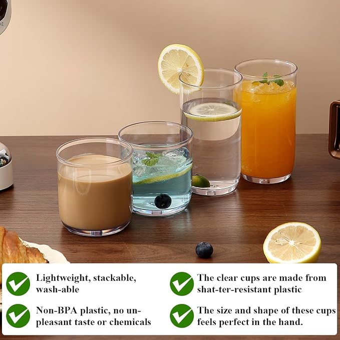 Kyraton Drinking Glasses Set of 12, PET Clear Plastic Highball Glasses 14oz & Whisky Cocktail Glasses Set 11.5oz, Heavy Duty Unbreakable Water Glasses Cup Tumbler Glassware for Beer, Juice, Milk - Image 4