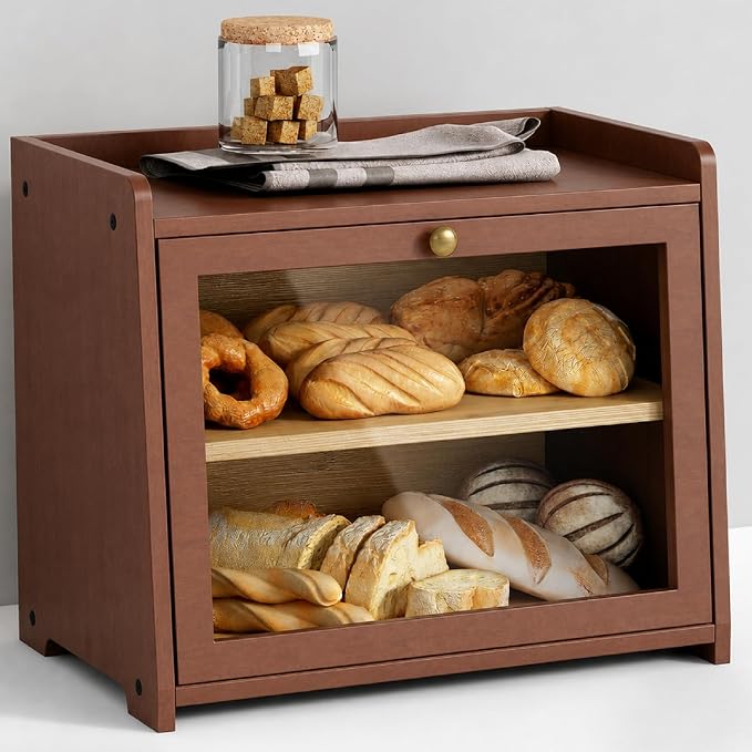 Goozii 2 Tier Bread Box for Kitchen Countertop, Double Layer Breadbox | Dark Brown Bamboo Wood | Storage Cabinet for Homemade Bread | Wooden Walnut by Goozii