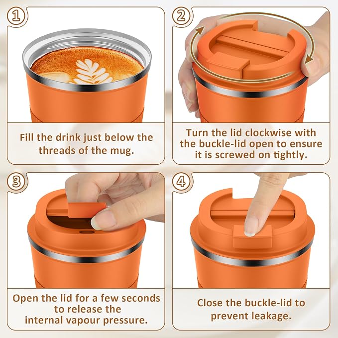 KETIEE 12oz Insulated Travel Mug, Vacuum Stainless Steel Double Walled Reusable Coffee Cup with Leakproof Lid, Travel Tumbler Coffee Mug to Go for Hot and Iced Tea Water (Orange) - Image 8