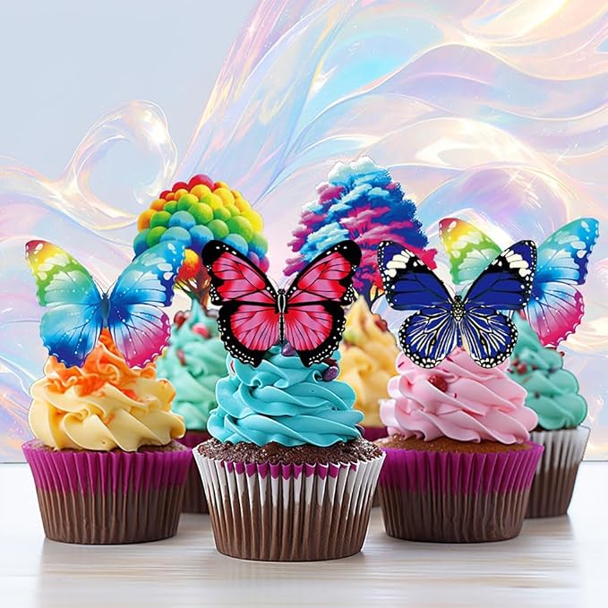 Edible Feather Butterfly Bird Bee Tree Sun Cloud Cupcake Toppers 62pcs Colorful Wafer Paper Cake Decorations for Kids Birthday, Baby Shower, Spring Party Celebration (Feather Butterfly Set) - Image 5