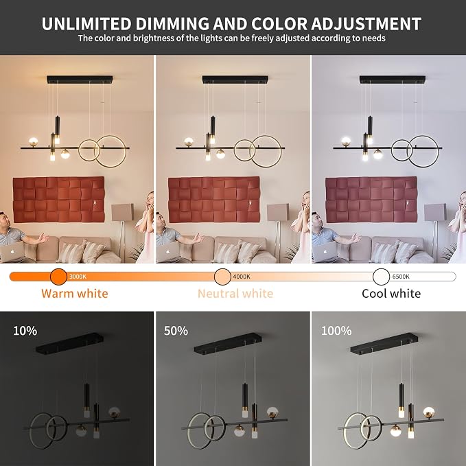 Siittoo Modern Linear Chandelier, Dimmable LED Pendant Light with Remote | 39.4" Black Gold Hanging Light Fixture, 48W Kitchen Island Pendant Lighting for Dining Room and Living Room - Image 3