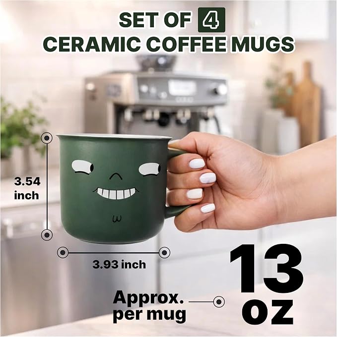 Funny Coffee Mugs Set of 4 - Large 13oz Ceramic Funny Face Mugs, Coffee Cups for Coffee, Tea & Latte, Birthday, Office & White Elephant Gift, Microwave & Dishwasher Safe - Image 3