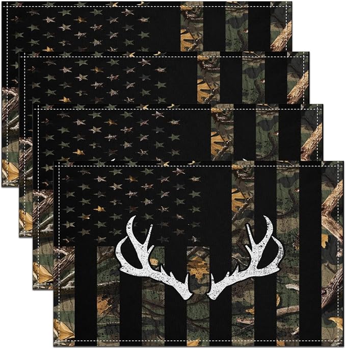 Feelyou American Flag Placemats Set of 4 12"x18" Cute Deer Table Mats Placemat Deer Hunting Placemats for Dining Table Indoor Outdoor Kitchen Antlers Decor Table Place Mats Western Farmhouse by Feelyou