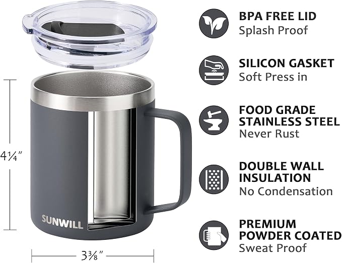 SUNWILL Travel Coffee Mug with Lid, Insulated Tumbler with Handle, 14 oz Stainless Steel Cup for Home, Office, Camping, Powder Coated Charcoal - Image 2