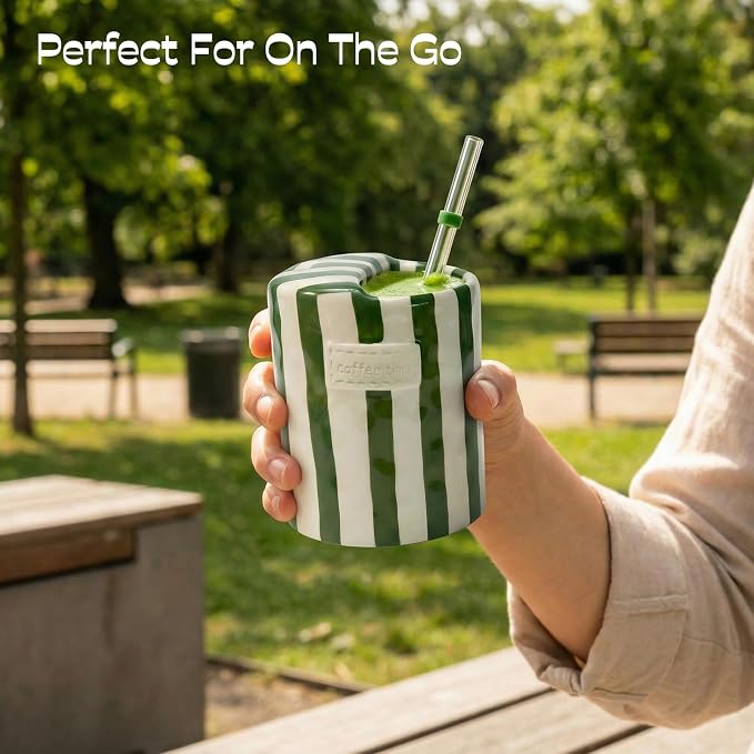Ceramic Coffee Mug with Lid, Ceramic Travel Mug with Straw Hole, 12oz Retro Striped To Go Coffee Mug for Hot & Cold Drinks, Microwave & Dishwasher Safe，Green - Image 7