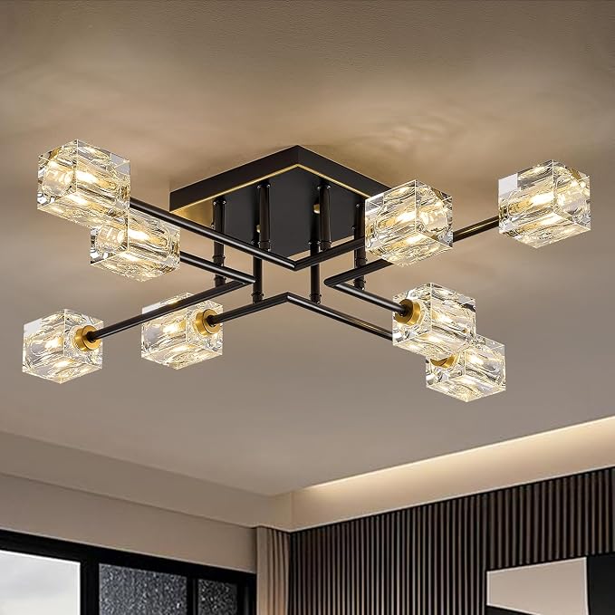 Modern Black Gold Sputnik Chandeliers 8-Light Crystal Semi Flush Mount Ceiling Light Industrial L 31.5" Chandelier Lighting for Living Room Dining Room Foyer Entryway Kitchen Bedroom by PoemoonLighting