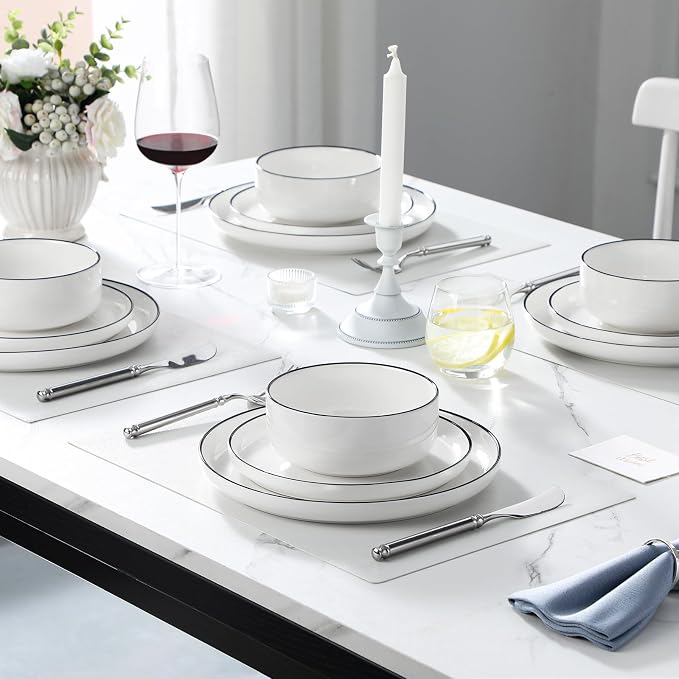 MALACASA Plates and Bowls Sets, 24 Pieces Modern Porcelain Dinnerware Set for 8 White Kitchen Dinner Dining Ware Set wtih Black Rim Ceramic Dishware Dishes Microwave and Dishwasher Safe, Series LUNA | Modern Ceramic Dishware Set,Kitchen Dining Ware,Mic... - Image 7