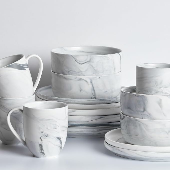 Stone Lain Porcelain 32 Piece Dinnerware Set, Cool Gray Swirl, Marble Design - Image 4