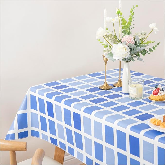 FIFTY FEET 84 * 60 Inch Rectangle Tablecloth, Vinyl Tablecloth with Flannel Backing for Rectangle Tables Waterproof, Plastic Picnic Table Cover for Dining Table/Buffet Parties/Camping(Blue Plaid) by FIFTYFEET