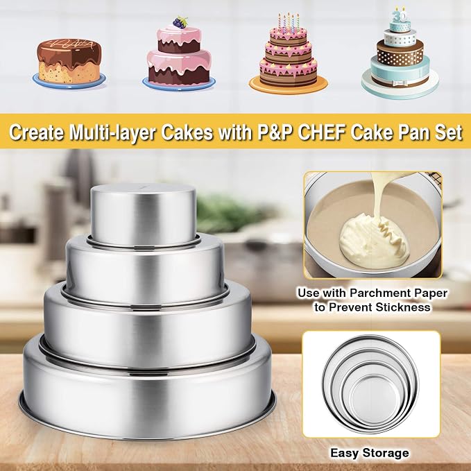 P&P CHEF Cake Pan Set for Baking, 4" + 6" + 8" + 9.5" Round Cake Pans Tins | 4 Pieces & 4 Sizes, Premium Stainless Steel, Ideal for Layer Tier Cakes in Birthday Wedding, Oven & Pot & Dishwasher Safe - Image 2