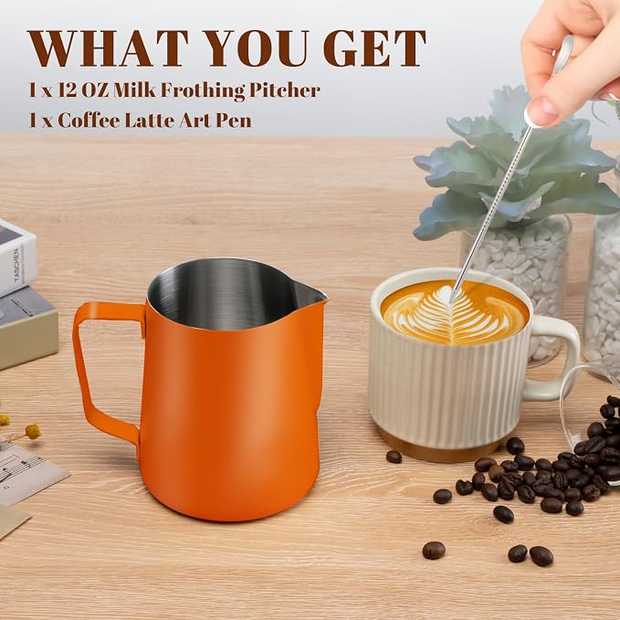 Amrules Milk Frothing Pitcher, 12 oz Milk Frother Cup with Clear Scale, 304 Stainless Steel Cappuccino Espresso Machine Accessories for Barista Coffee Bar with Latte Art Pen, Orange - Image 3