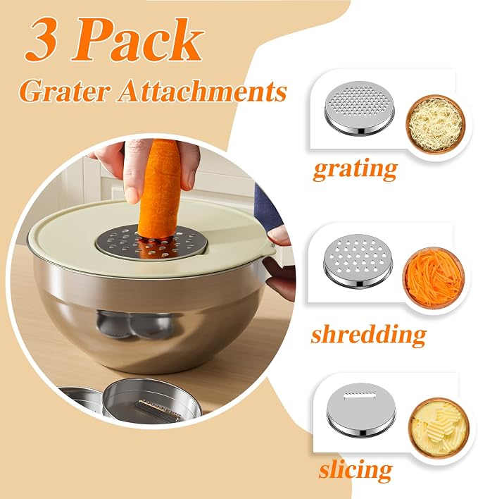 Mixing Bowls with Lids Set, 6 PCS Stainless Steel Mixing Bowls with 3 Grater Attachments, Kitchen Food Storage Organizers Nesting Mixing Bowl, Large Size 4.5, 3.5, 2.1, 1.5, 1.1, 0.7QT - Image 3