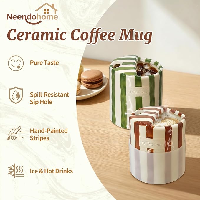 2-Pack 10 oz Ceramic Coffee Mug with Sip Hole & Silicone Sleeve | Cute Hand-Painted Striped Porcelain, Gift for Coffee Lover, Cold & Hot Drinks, Microwave & Dishwasher Safe, Green, Brown - Image 2