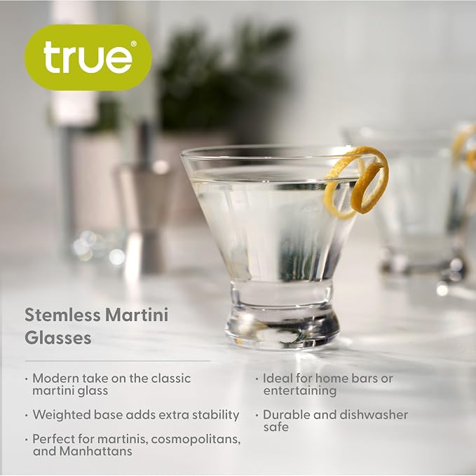 True Stemless Martini Glasses, Set of 4, 8 oz Modern Cocktail Glasses for Martinis, Manhattans, Cosmopolitans, Cocktail Glass Set, Dishwasher Safe, 8 oz, Set of 4 - Image 2