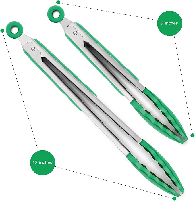 2 Pack Silicone Kitchen Tongs – 9" & 12" Set, Heat Resistant up to 500°F, Non‑Stick Cookware Safe, Wavy Silicone Tips, BPA Free, Locking Clip & Hanging Loop, Turquoise - Image 4