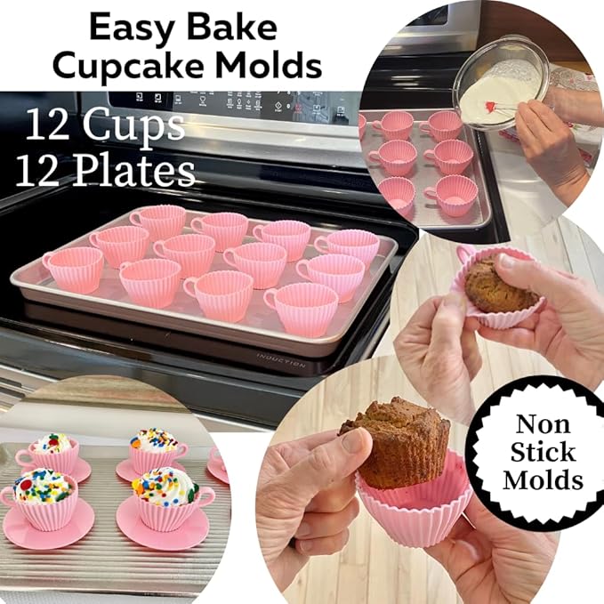 Evelots Baking Cupcake Molds - Silicone Teacup Set - 24 Pc Set - Oven-Safe - Nonstick - Muffin Cups for Bridal/Baby Shower, Birthday/Tea Party - 12 Cups & 12 Saucers - BPA Free