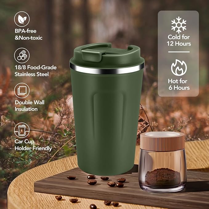 Volhoply 12 oz Double Wall Insulated Vacuum Travel Coffee Mug with Flip Lid Bulk 4 Pack,Reusable Stainless Steel Leak Proof Coffee Cup,Portable Thermal Tumbler for Hot & Cold Drinks(Army Green,8 Set) - Image 5