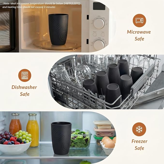 Homienly Wheat Straw Drinkware 12oz Unbreakable Drinking Glasses 6-Piece Stackable Kithen Cups Dishwasher and Microwave Safe Cups for Everyday Family Meals, Entertaining-Black - Image 6