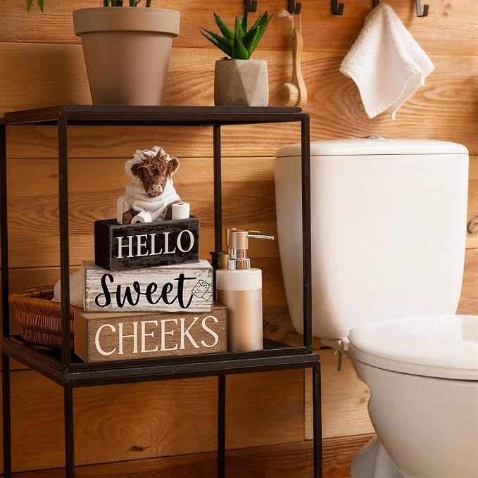Moucuny 4 Pcs Bathroom Shelf Decor Highland Cow Farmhouse Bathroom Decor and Accessories Rustic Eucalyptus Leaves Hello Sweet Cheeks Highland Cow Sign Western Table Centerpiece for Home Office Toilet - Image 5