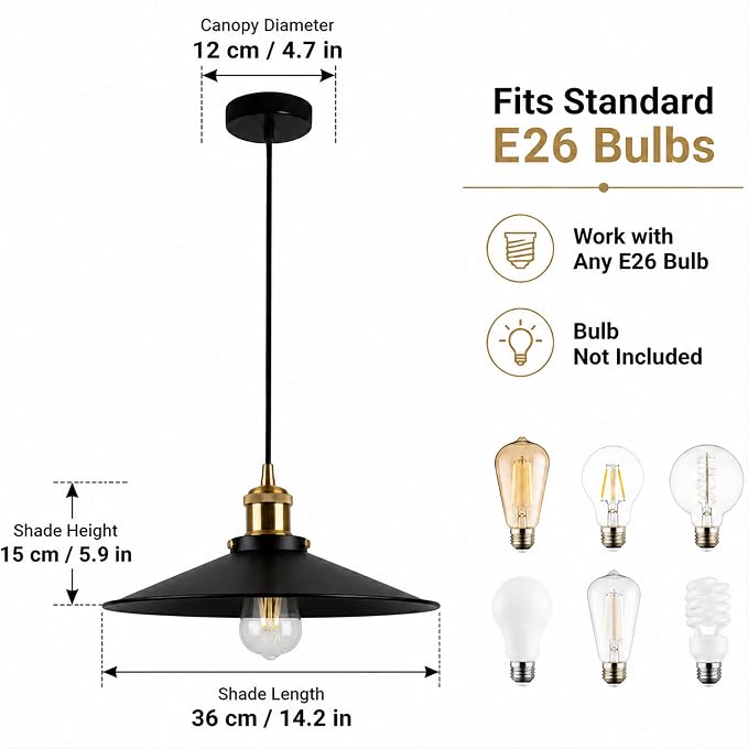 KCO Lighting 14.2” Industrial Black Dome Pendant Light Modern Farmhouse Kitchen Pendant Lighting Over Island Mid Century Hanging Light Fixture for Dining Room Living Room Cafe - Image 2