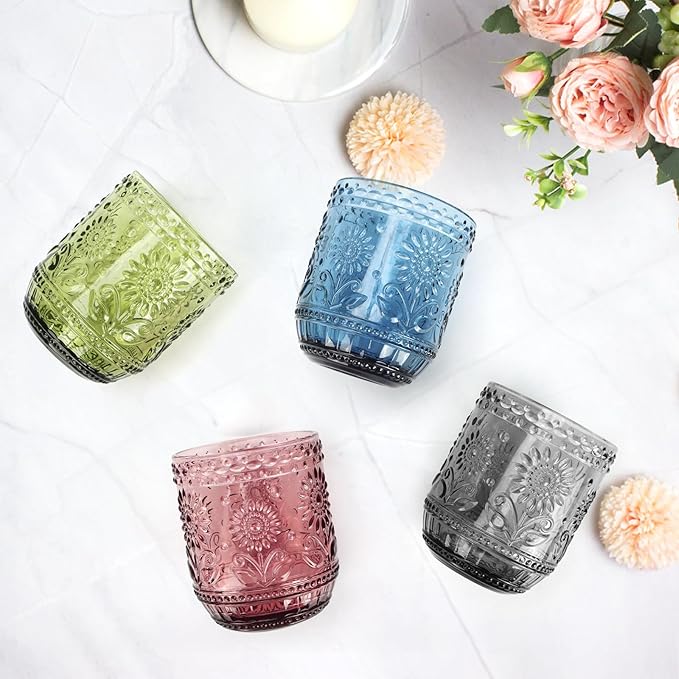 Topsky Vintage Drinking Glass Set of 4,12 oz Embossed Floral Drinkware Set,Colorful Drinking Glasses Cups Wine Glasses Colored Glassware for Whisky,Beer,Juice,Cocktail,Heavy Duty - Image 2