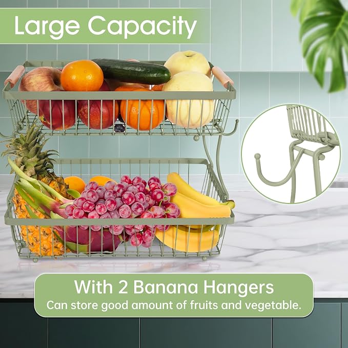 Fruit Basket Bowl 2 Tier Detachable with 2 Banana Hangers, Fruit Stand Holder for Kitchen Countertop, Metal Wire Vegetable Storage Organizer, for Bread Snack Veggies Produce,green - Image 3