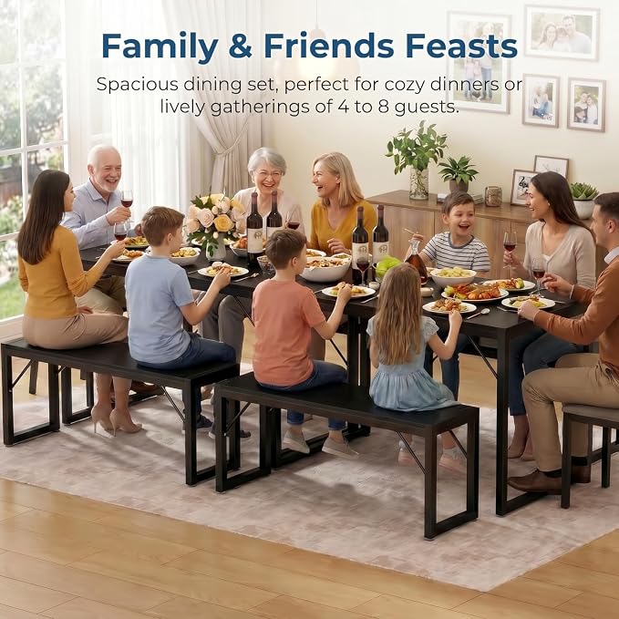 Bealife Dining Table Set for 4 with Metal Frame and MDF Board - Black | Space Saving Kitchen Table with 2 Benches, Kitchen Table Set for Apartment, Dining Room, Breakfast Nook - Image 7