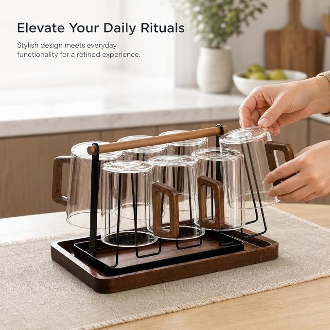 Borosilicate Glassware Set - Heat Resistant Drinking Glasses Set for Hot and Cold - for Home Use, Transparent wooden handle cups (460ML)*6 + tray (with handle) - Image 3