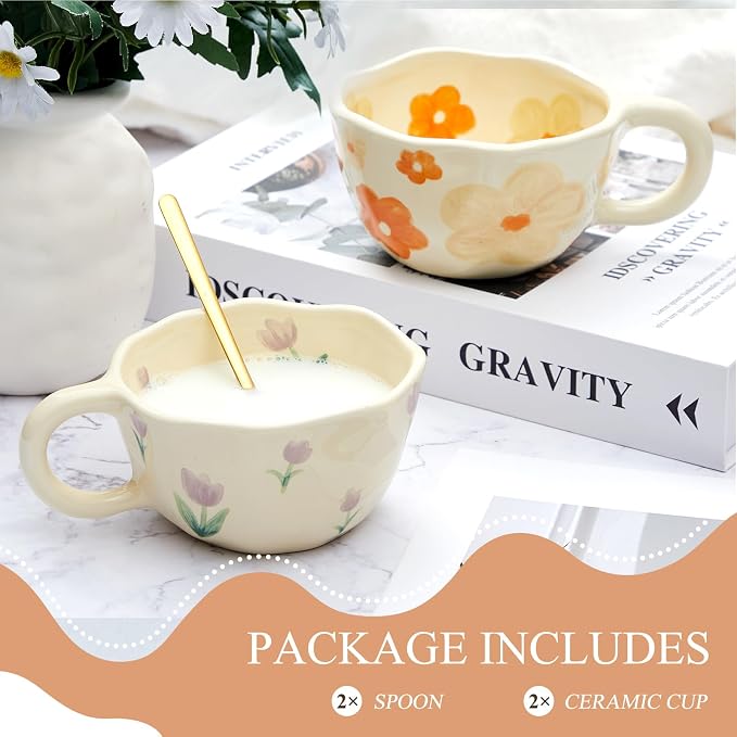 Vesici 2 Pcs Ceramic Coffee Mugs with Spoon, Vintage Floral Spring Mugs with Handle, 8.5 oz Aesthetic Flower Porcelain Tea Cup Set, Dishwasher & Microwave Safe Mothers Day Gifts for Mom(Charming) - Image 3