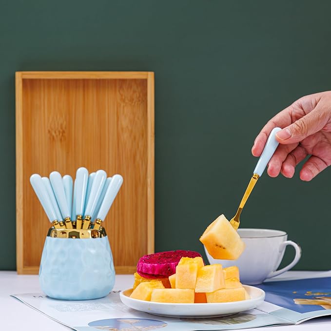Dessert Fork Set,Ceramic Jar with 8 Small Forks for Fruit,Salad,Appetizer,Cake,Flatware Set (Light Blue jar+8 forks)