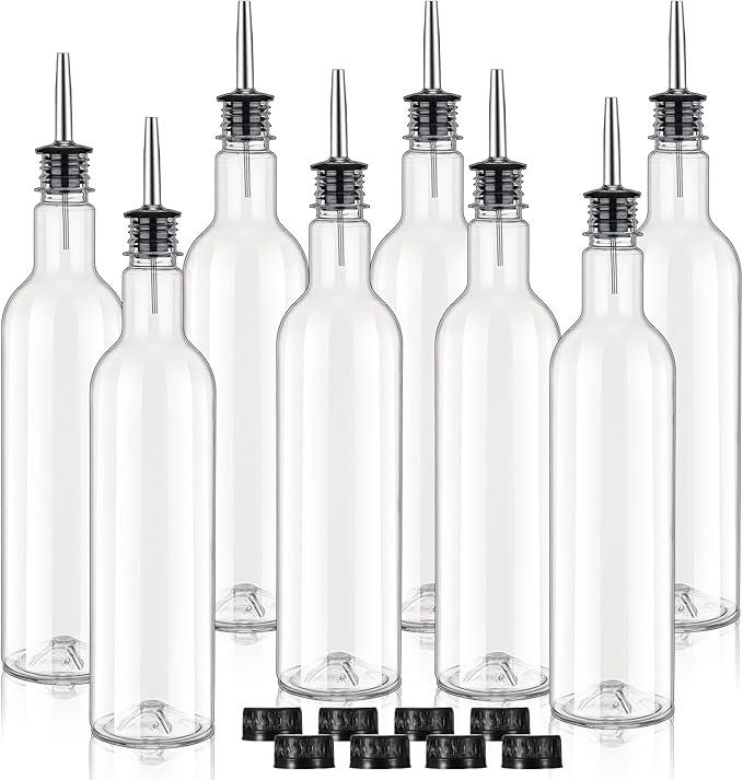 25 oz Plastic Long Neck Bottle with Stainless Steel Leakproof Tapered Spout Pourer and Cap Syrup Alcohol Juice Coffee Liquor Container for Home Christmas Party Bar Service Bartending Supplies(8 Pack)