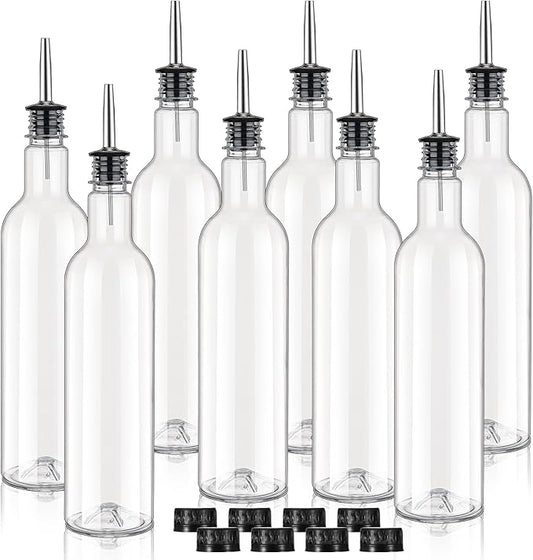 25 oz Plastic Long Neck Bottle with Stainless Steel Leakproof Tapered Spout Pourer and Cap Syrup Alcohol Juice Coffee Liquor Container for Home Christmas Party Bar Service Bartending Supplies(8 Pack)