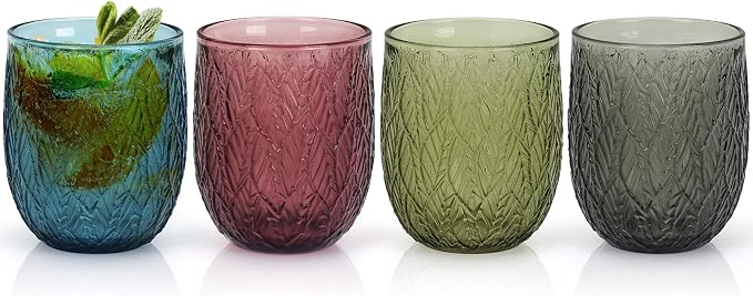 Topsky Vintage Drinking Glass Set of 4,12 oz Embossed Willow Leaf Drinkware Set,Colorful Drinking Glasses Cups Wine Glasses Colored Glassware for Whisky,Beer,Juice,Cocktail,Heavy Duty by HomeandKitchenNO1