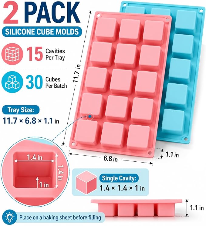 2 Pack Square Cube Silicone Mold, 30 Cavity 1.4" Food-Grade BPA Free Heat Resistant Baking Mold for Chocolate, Cake, Truffle, Jello, Brownie, Ice Cube, Soap - Image 2
