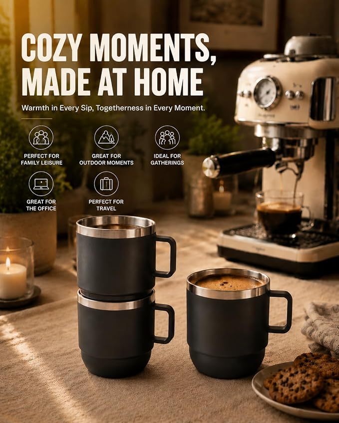 6 oz Stackable Mug, Stainless Steel cup with handle, Vacuum Insulated Espresso/Coffee Mug, shot Glass Set for 2-Piece Set for Coffee, Spirits, Wine, Tea- black - Image 6