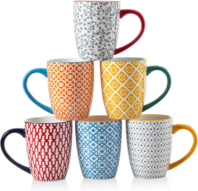 Ceramic Coffee Mugs Set - 16 Oz Large Porcelain Tea Cups with Handle for Men Women Cappuccino Latte Cocoa - Microwave Dishwasher Safe - Christmas Housewarming Gift - Set of 6 - Assorted Colors by Gibsimi