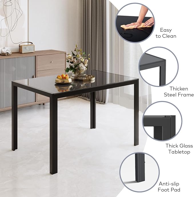 Gizoon Black 7 Piece Glass Dining Table Set, Kitchen Table and Chairs Set | PU Leather Modern Dining Room Furniture,Dining Table Sets,Space Saving Table and Chairs Set for Home, Kitchen, Living Room - Image 6