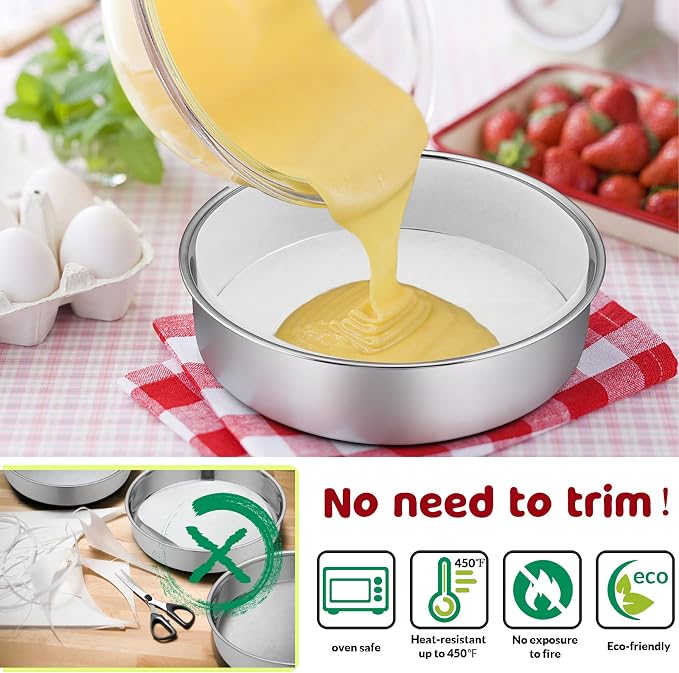 6 Inch Cake Pan Set of 3, E-Far Stainless Steel Round Layer Smash Cake Baking Pans with Parchment Rounds & Side Liner Roll, Non-Toxic & Healthy Metal Cakes Tin, Straight Side & Dishwasher Safe - Image 4