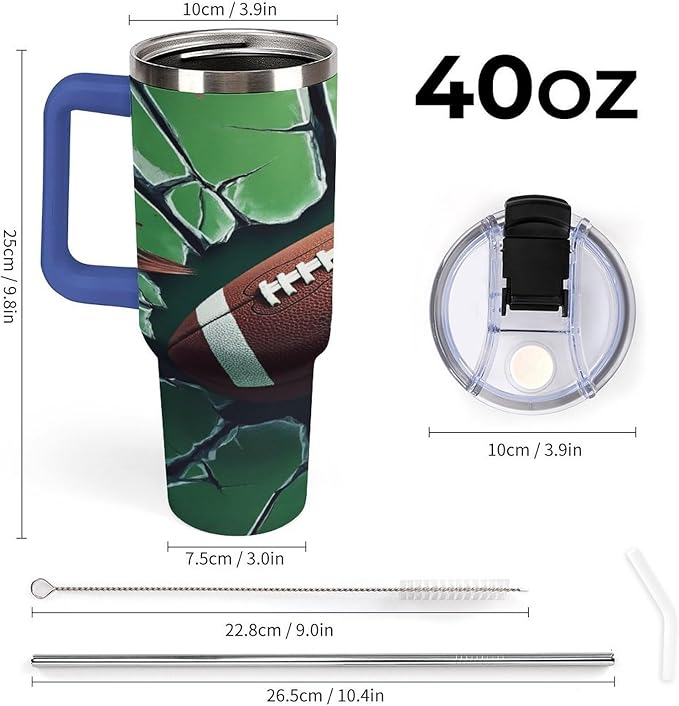 Football Impact on Cracked Glass Tumbler with Handle Insulated Water Travel Coffee Mug Bottle with Lid And Straw Stainless Steel Leak Proof Vacuum Insulated Cup 40 OZ