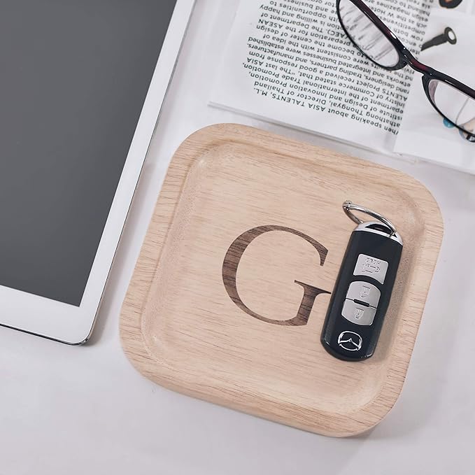 I'm Wooden Personalized Letter Catchall Valet Tray Trinket Dish Jewelry Tray Key Bowl Decorative Plate Organizing Ring Earrings Necklaces Bracelet Watch Coins Wallet Holder (6"x6" Sq Natural G)