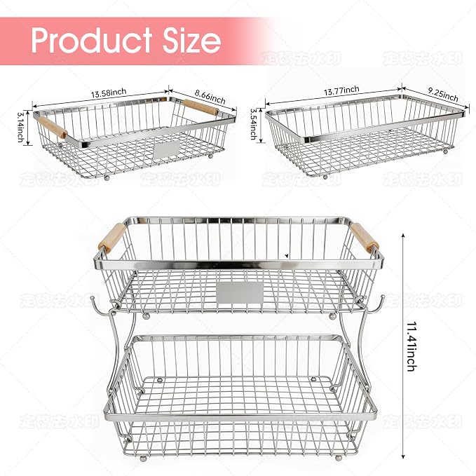 Fruit Basket Bowl 2 Tier Detachable with 2 Banana Hangers, Fruit Stand Holder for Kitchen Countertop, Metal Wire Vegetable Storage Organizer, for Bread Snack Veggies Produce, Chrome - Image 2