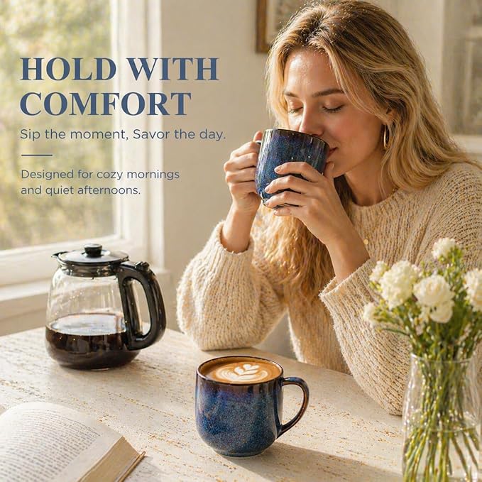 LERATIO 12OZ Ceramic Coffee Mugs Set of 6, Large Porcelain Coffee Cups With Large Handle For Latte,Cappuccino,Milk,Cocoa,|Dishwasher&Microwave Safe Mug Sets,Ideal for Man,Woman,Dad, Mom-Blue - Image 4
