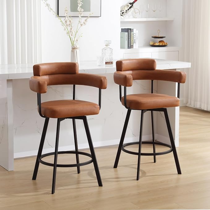 Flouki Swivel Bar Stools with Backs and Arms, Modern Faux Leather Counter Stools Set of 2 for Kitchen Island, 26" Upholstered Counter Height Bar Stools for Kitchen Counter, Dining Room, Brown - Image 6
