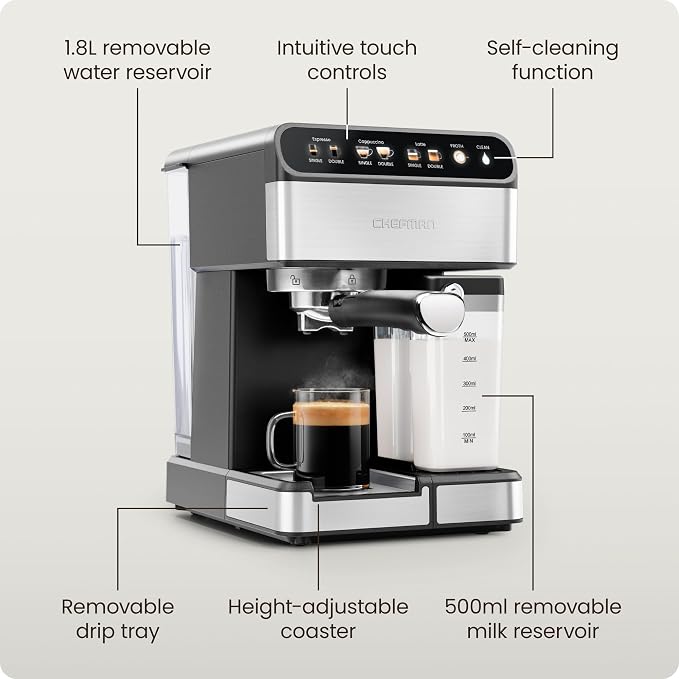 Chefman CaféMaster Pro Espresso Machine, Brew Single or Double Shots, Coffee Maker with Built-In Milk Frother for Cappuccino & Latte, XL 1.8 Liter Removable Water Reservoir - Stainless Steel - Image 7