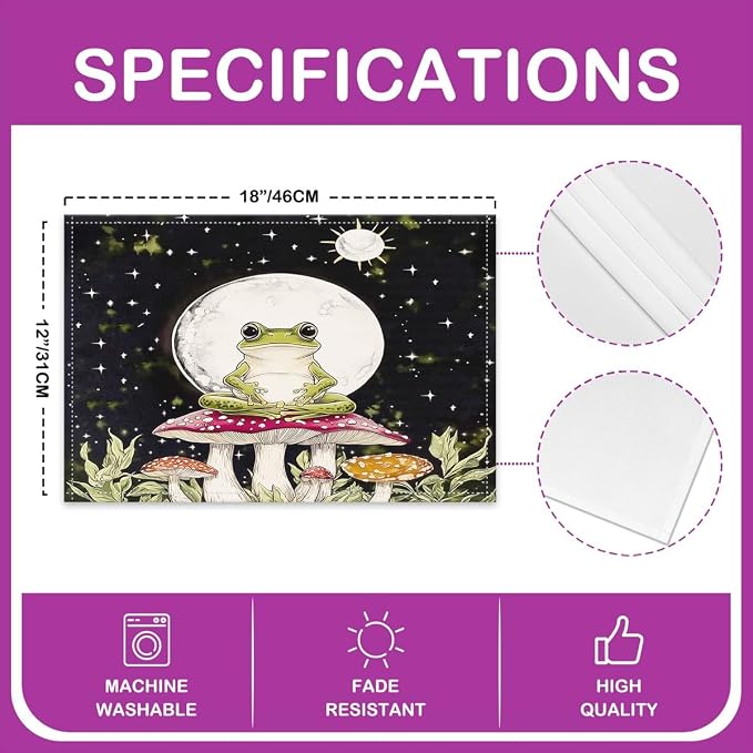 Feelyou Cute Frog Decor Table Place Mats 18"x12" Mushroom Decor Placemats Set of 4 Moon Placemat for Kitchen Dining Table Decor Indoor Outdoor Botanical Theme Decor Table Place Mats Wild Mushroom - Image 4