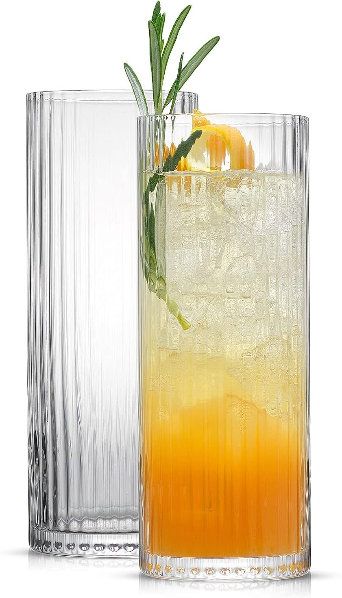 JoyJolt Elle 16oz Fluted Highball Glasses Set of 2, Ribbed Tall Cocktail Tumblers for Gin Juice Water, Vintage Style Drinking Glasses - Image 9