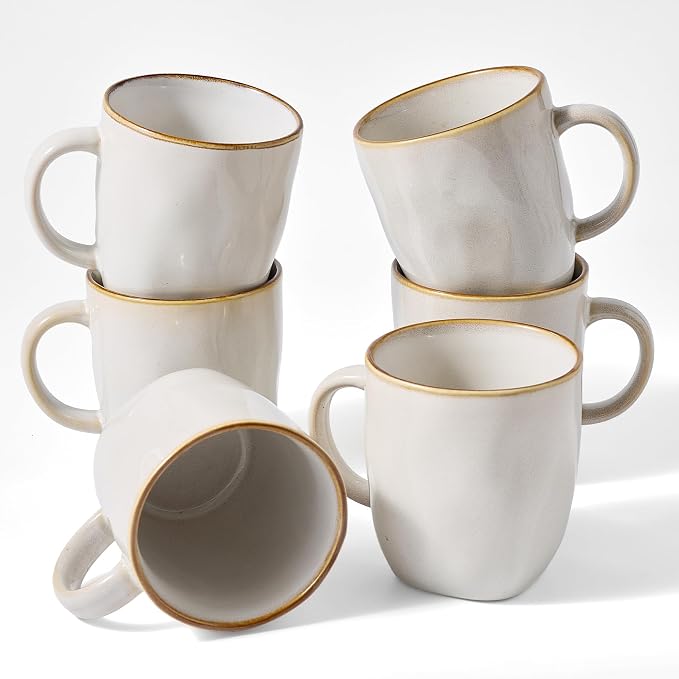 famiware Coffee Mugs Set of 6, Ocean Square 13oz Coffee Cup Set with Handle for Cocoa, Milk, Hot Chocolate, Tea, Water, Stoneware Cups for Kitchen, Microwave and Dishwasher Safe, Cappuccino White by Famiware