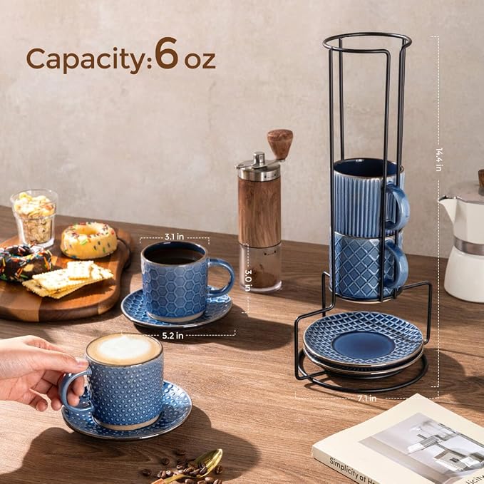 GBhome 6 OZ Stackable Coffee Mugs Set of 4, Ceramic Espresso Coffee Cups | Coffe Cups With Saucer and Stand, Dishwasher&Microwave Safe, 4 Assorted Designs - Image 2